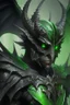 Placeholder: Demonio con armadura verde con negro y alas verdes viendo a los ojos a un caballero de armadura negra