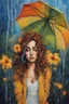 Placeholder: acrylic portrait of a woman, lush hair, rain, flowers, umbrella, autumn, paint blots, splashes, tears, plants, yellow, blue, green, orange colors