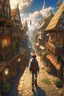 Placeholder: on the streets of mediaeval village, teenage boy walking inside the market, fantasy world, digital art, view from the sky down, 4k