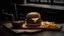 Placeholder: Cheeseburgers on wooden board and table in dark and moody light