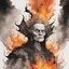 Placeholder: create an abstract ink wash and watercolor caricature of an aged but beautiful, malevolent, ornately dressed , 14th century sorceress engulfed in fire ,highly detailed with refined facial features in the cartoon caricature style of Gerald Scarfe and Ralph Steadman precisely drawn, boldly inked, vividly colored, 4k