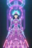 Placeholder: Portrait cyberpunk cybernetic AbstractTech Android bride with silver eyes and sclera in skin-tight ornate neon pink wedding dress with silver filigree, full body shot, full-color long shot Pixar, Disney, concept art, 3d digital art, Maya 3D, ZBrush 3D shading, bright colored background, radial gradient background, cinematic, Reimagined by industrial light and magic, 4k resolution post processing