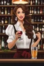 Placeholder: bartender girl with wavy skirt giving drink to drinker wine