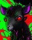 Placeholder: Comic book art style black lamb with red eyes, contrasting green meadow, cartoonist, digital portrait, dark fantasy, black iridescent skin, holographic, shiny, PVC texture, wet look, anime, gothic