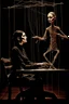 Placeholder: a surreal abstract image of a woman seated on a table,facing to the front ,she is connected to string like a puppet, arms in air, moved by the strings, puppet like features in the face, beautiful face, behind her also facing the front is the puppet master,is a huge image of a man holding the strings, creepy gothic character,.zoomed in, dark and shadowy background with selective lighting on the woman, gothic and chaotic