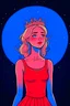 Placeholder: Blonde girl, white skin color, blue eyes, standing in the moonlight, handdrawn, red dress, wearing a crown,