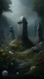 Placeholder: Bosch nightmares paining style Title:a a grave yard tall stone written on it a dry dark color flowers 8k artistic photography, photorealistic concept art, soft natural volumetric cinematic perfect light, chiaroscuro, award-winning photograph, masterpiece, oil on canvas, Raphael, Caravaggio, Greg Rutkowski, people, beksinski, Giger