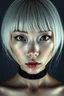 Placeholder: Ultra-realistic portrait of an East Asian woman with platinum blonde hair, facing forward, full-frontal view, eye-level. Her beauty is extremely unconventional and haunting — wide-set, slightly asymmetric eyes, elongated face, irregular nose, and a mysterious, cold expression. Inspired by gothic fashion, surreal aesthetics, and avant-garde photography. She looks like a strange fashion icon from a futuristic dream, with an alien-vampire aura. Dramatic lighting, pale tones, intense stare. Editoria