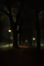 Placeholder: Night, lanterns, square bench, dirt roads, trees, gothic horror films influence, creepy, photography