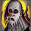 Placeholder: Nosferatu with yellow eyes with fleshy tentacle hair beard grey skin and red fangs and vampire bat nose as a Russian Orthodox