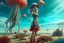 Placeholder: woman in a form-fitting outfit, standing on a beach of an alien world, watching mushrooms with jellyfish tentacles in the sky, photorealistic, Deep Colour, Fantastical, Intricate Detail, sunshine