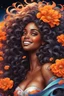 Placeholder: vibrant psychedelic analytic image, airbrush, 8k, cartoon art image of a black curvy female looking to the side smiling with a large mane of curly ombre hair flowing through the wind, prominent makeup with hazel eyes, highly detailed hair, background orange and white flowers surrounding her, dystopian