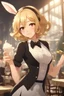 Placeholder: Female waiter with bunny ears, tailcoat, messy tousled waves, golden blonde, short hair, detailed eyes, sleek design, professional attire, elegant, cool tones, atmospheric lighting, high quality, 8k, anime, detailed illustration, cool-toned, atmospheric lighting, elegant design