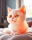 Placeholder: Generate image: A macro 3D render of a cute, lovely wooly cat,made of Translucent glossy jelly material, soft gelatinous appearance, smooth rounded surface, realistic subsurface scattering, internal light diffusion, subtle volumetric translucency, wet polished highlights, slightly reflective surface, soft rubbery-plastic texture, vibrant neon color, physically based shader, studio lighting, high-end CGI render.on a conform in a luxury bedroom.
