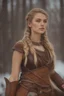 Placeholder: A beautiful woman with blond hair, viking braids Brown leather armor. Horse