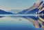 Placeholder: Sunny day, modern city, lake, lake reflections, people, mountains