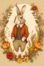 Placeholder: A delicate drawing of a rabbit in a human body wearing a vintage autunm clothes, centralized in a flower frame and has Hiromy Shop written on it