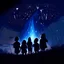 Placeholder: group of kids are watching distant fireworks on a hill in the nightsky, dark blue glowing light, fantasy, magic, dark, stars, sparkle