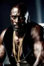 Placeholder: idris elba as a handsome dark skinned and muscular heavy set man with a shaved head and neatly trimmed beard. he is wearing a leather waistcoat and no shirt. he has a gold earing in his left ear