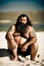 Placeholder: photography of a tired chubby hairy burly 46 years old ugly arab carpenter, big nose, tattoo, long beard, shaved hair, manly chest, , angry eyes, open legs , on the beach in the sun, big shoulders, big tights, side light, sweat and wet, ground view angle,bartoslora1 man