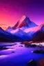 Placeholder: красивая гора стоящая на краю света, отблескивающая розовым и фиолетовым светом. верхушка горы покрыта снегом, у подножья этой горы течет река. рядом с горой расположен еловый лес. на улице закат
