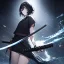 Placeholder: Clear focus,High resolution, black short fluffy hair, long fluffy bangs, and dark blue eyes, Depressed girl, wearing a black short shirt with a black sleeveless crop top, dark aura, controlling water, in a black room, holding a katana