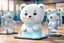 Placeholder: cute fluffy chibi ice bear on an exhibition room with electronic stands in sunshine