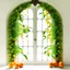 Placeholder: A window in white with an arch decorated with mangoes and light green leaves and soft orange bright colors.