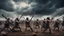 Placeholder: Hyper Realistic wide-angle-view of Prehistoric War-Sequence with soldiers fighting & antique-war-weapons at dark cloudy sky with dramatic & cinematic Ambiance