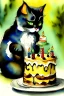 Placeholder: A cute cat is having a birthday cake. Watercolour