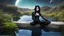 Placeholder: fantasy photo of a woman with black hair, sitting on a ledge over a pond, wearing an android-looking catsuit, sideways, with a planet behind her