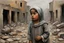 Placeholder: Grey sky, crying little palestinian girl wearing kuffeah , rocks, destroyed buildings , emotional influence, friedrich eckenfelder and willem maris impressionism paintings