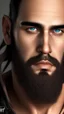 Placeholder: stunning extreme frontal close up photography of a 31 years old burly muscular californian chubby ugly biker, happy , shirtless with biker leather jacket, long hair, long beard, sitting in a pub , photorealistic, side light, ambient occlusion, frontal view, emotive eyes, looking in camera