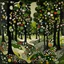 Placeholder: A dark olive green grove with spotty mushrooms painted by Wassily Kandinsky