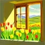 Placeholder: Drawing of an open window from an exterior wall of a house looking out into a valley with a rural landscape of green hills, yellow flower beds, the front of the house wall is painted pale green with peeling plaster, red tulips and yellow sedges are growing in the front of the house, Pamela Asherson style art painting, deviantart, Magic realism, detailed painting, whimsical, magical