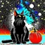 Placeholder: black cat on Halloween dancing with pumpkins in the photo of the starry sky