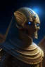 Placeholder: portrait of sand faced mummy robot, stars shining, Egyptians with the hair standing straight up in front of pyramid of Babel. 4 k, down light, depth of field, trending art, spray paint, high detail, fantasy art, alien connection, future tech