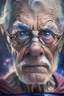 Placeholder: old man with big gray eyes waring superman custom with galaxy background