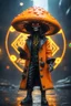 Placeholder: Fire Mushroom goblin sacred geometry framed portal plate, black, yellow and orange neon cyber punk dancer thief in soaked rain coat and cowboy witch hat shadows boss card in the style of Giger and fallout 4 ,,bokeh like f/0.8, tilt-shift lens 8k, high detail, smooth render, down-light, unreal engine