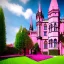 Placeholder: concept art, concept design, neogothic palace, neo gothic, aesteric, pink walls, pink exterior, glass exterior, english garden around, gardens, plants, trees, volumetric light, photorealistic, high quality, cinematic, sunny, natural blue sky, cozy clouds, green lawn grass