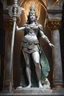 Placeholder: highly detailed marble and jade statue on a plint of the goddess of war. She is clad in plate mail, caries a spear in her left hand and a shield in her right hand. stunning body. full body shot, Hyperrealism, breathtaking, ultra realistic, unreal engine, ultra detailed, volumetric fog, cinematic lighting, , stunning temple environment