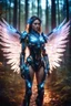 Placeholder: Close up Front View night photography Beautiful Angel woman cyborg,futuristic armor, straddle wings in Magical Forest full of lights colors, Photography Art Photoshoot Art Cinematic Soft Blur Colors