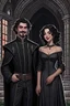 Placeholder: Strahd von Zarovich with a widow’s peak smiling, dressed in black and Ireena Kolyana frowning, wearing a wedding dress standing outside Castle Ravenloft in the illustrated style of dungeons and dragons