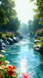 Placeholder: 3D Animated Pixar Style: A serene and crystal-clear river with sparkling water, surrounded by lush green vegetation and colorful flowers. Sunlight filters through the trees, casting beautiful reflections on the water.