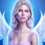 Placeholder: portrait of a beautiful woman with an angel face smiling, pink and blue dress, jewels, soft light aura