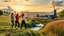 Placeholder: a group of young ladies in sports pants and blouse are dancing to camera in village over high grassy hills,a small fall and river and wild flowers at river sides, trees houses ,next to Ripe wheat ready for harvest farm,windmill ,a pretty train is passing ,cloudy sun set sky