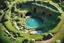 Placeholder: [Shattered Image of the Shire by multiple bands of collage, distorted colours, double exposed by JRR Tolkien (1970)] Miniature roundish cozy hobbit house hole of the Shire tilt-shift