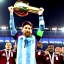 Placeholder: lionel messi in argentina shirt lifting the world cup to the sky with the team behind him in the stadium of qatar