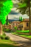 Placeholder: A realistic photo of a small Toscany town in late spring with trees and a surprising station in Henri Cartier-Bresson style