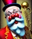 Placeholder: happy old friendly fat clown with round head and trimmed beard playing jazz with a steampunk theme, circus, realistic